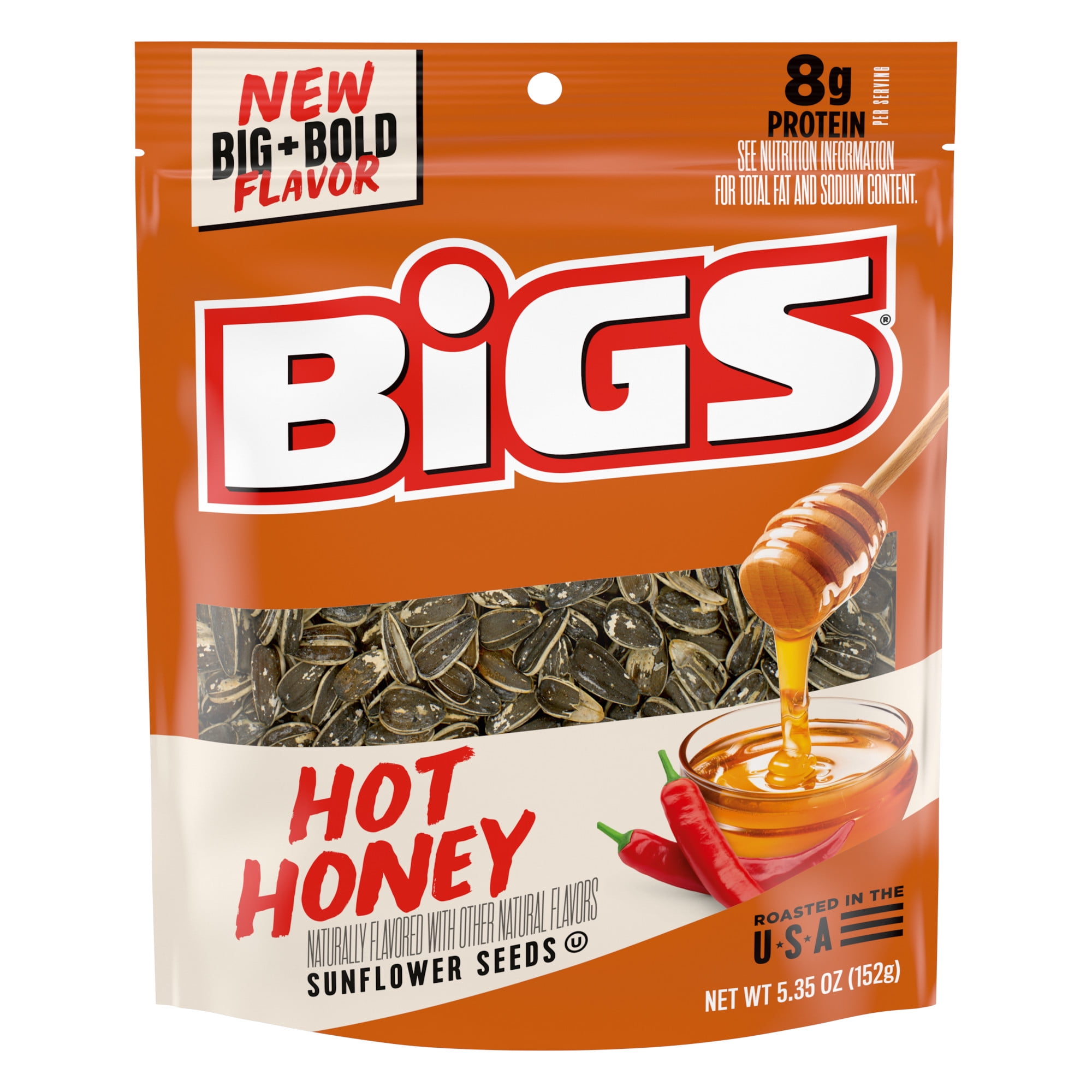(8 pack) BIGS Hot Honey Naturally Flavored Sunflower Seeds, Resealable Bag, 5.35 oz.