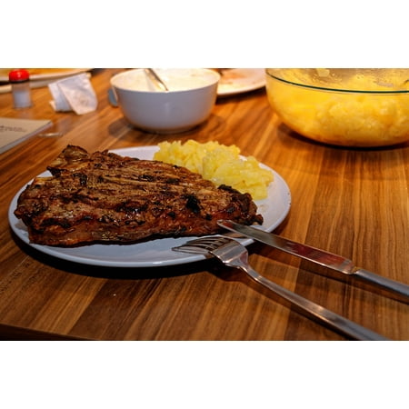 LAMINATED POSTER Meat T-bone Steak T-bone Steak Grill Potato Salad Poster Print 24 x (Best Way To Grill T Bone Steak)