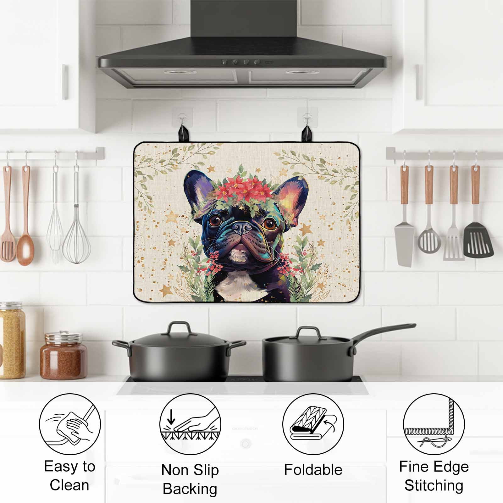 Pet Dog Leaves, Stove Top Cover for Electric Stove, Heat-proof & Non Slip Glass Top Stove Cover Protector, Farmhouse Flower Stars Watercolor Kitchen Flat Cooktop Rubber Mat 24x21 Inches