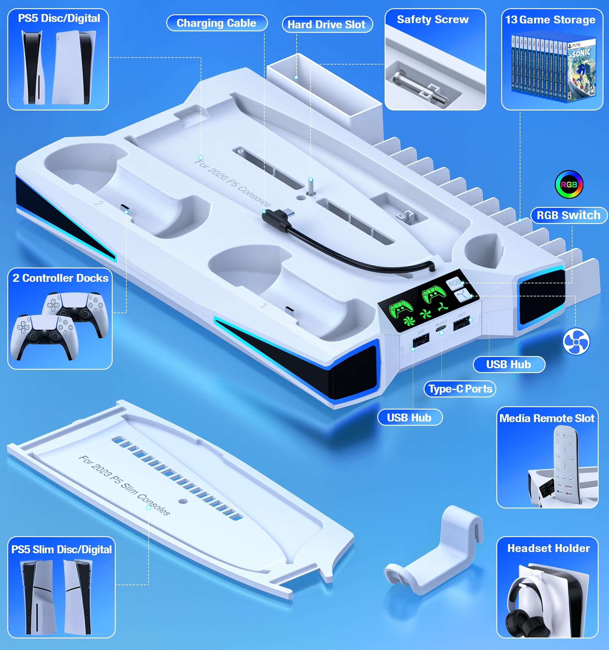 PS5 Stand Cooling Station for PS5/PS5 Slim with Controller Charger, ESYWEN PS5 Accessories for PlayStation 5- White