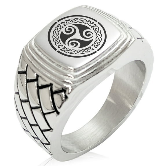 Stainless Steel Celtic Triskele Triskelion Triple Knot Geometric Pattern Step-Down Biker Style Polished Ring