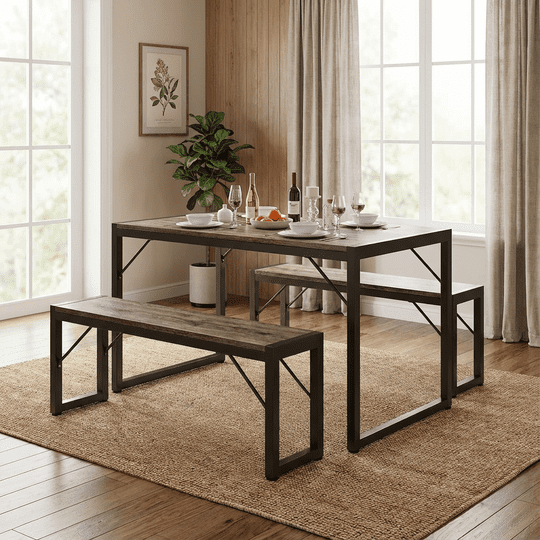 Aiho 45.5" Dining Table Set for 4, Kitchen Table with 2 Benches, Wood Dinette Sets with Metal Frame - Gray