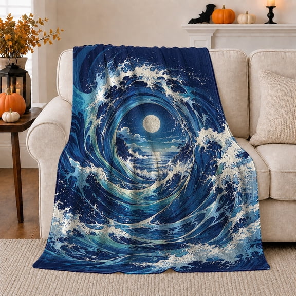 Celestial Moonlit Ocean Vortex Waves, Peaceful Coastal Landscape Scene, Warm Flannel Blanket for Beach House and Living Room, Beach Lovers Housewarming Gift, Coastal Home Decor