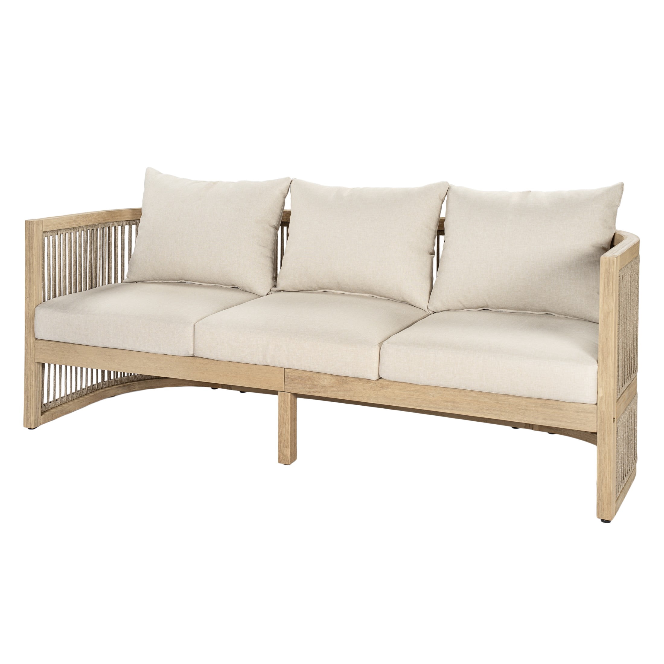 Christopher Knight Home 3-Seater Acacia Wood Outdoor Sofa with Rope and Cushions, Light Teak+Beige