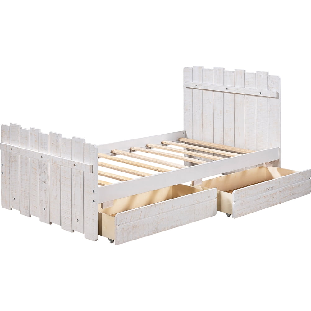 Lowestbest Vintage Wood Twin Platform Bed Frame with Headboard and Footboard, White Lowestbest Vintage Wood Twin Platform Bed Frame with Headboard and Footboard, White