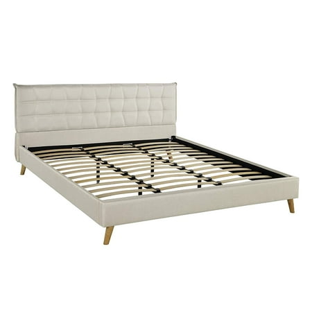 frame upholstered tufted headboard geometric linen beige king low bed profile