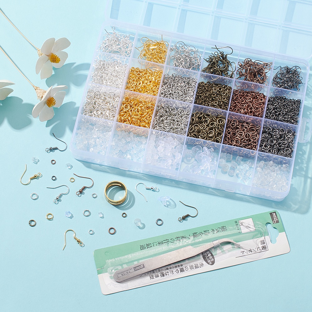 1set Earring Making Finding Kit Including Brass Earring Hooks & Jump Rings & Ring Tools Plastic Ear Nuts Tweezers Mixed color 3568pcs/box