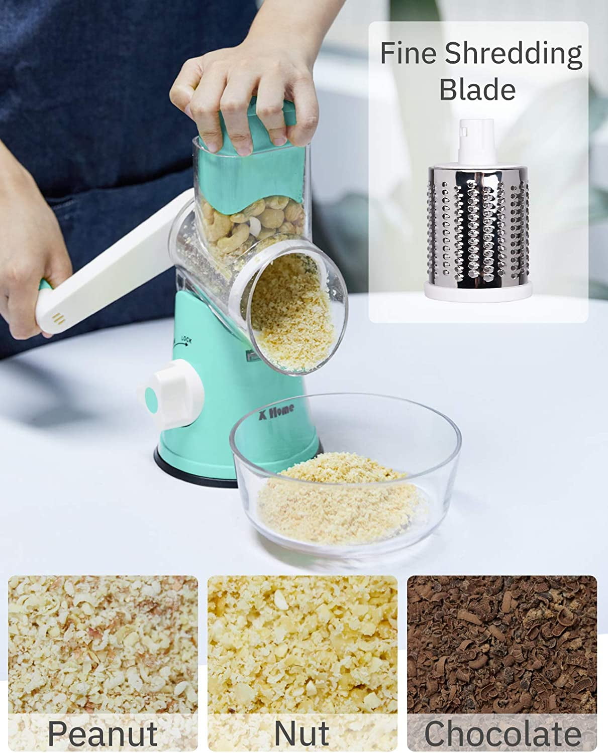 Yabano Rotary Cheese Grater Cheese Shredder with Handle, Vegetable Slicer  for Kitchen, 3 Replaceable Stainless Steel Drum Blades, Easy To Use &  Clean, Powerful Suction Base with Cleaning Brush