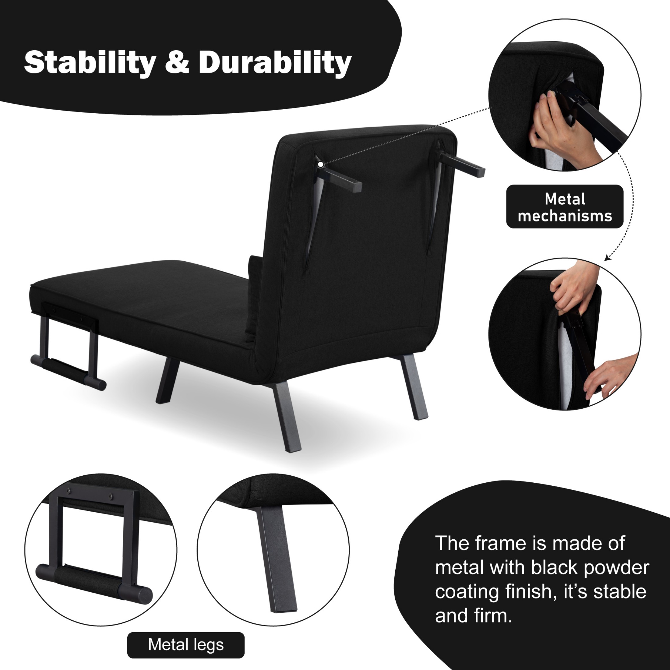 BSHTI Modern Folding Arm Chair Lounge 4-in-1 Convertible Sofa Bed with Adjustable Backrest for Small Spaces (Black)