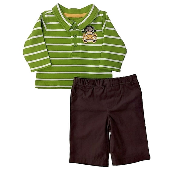 Infant Boys Green Striped Monkey Long Sleeve Shirt & Brown Pants Outfit Set 3/6m