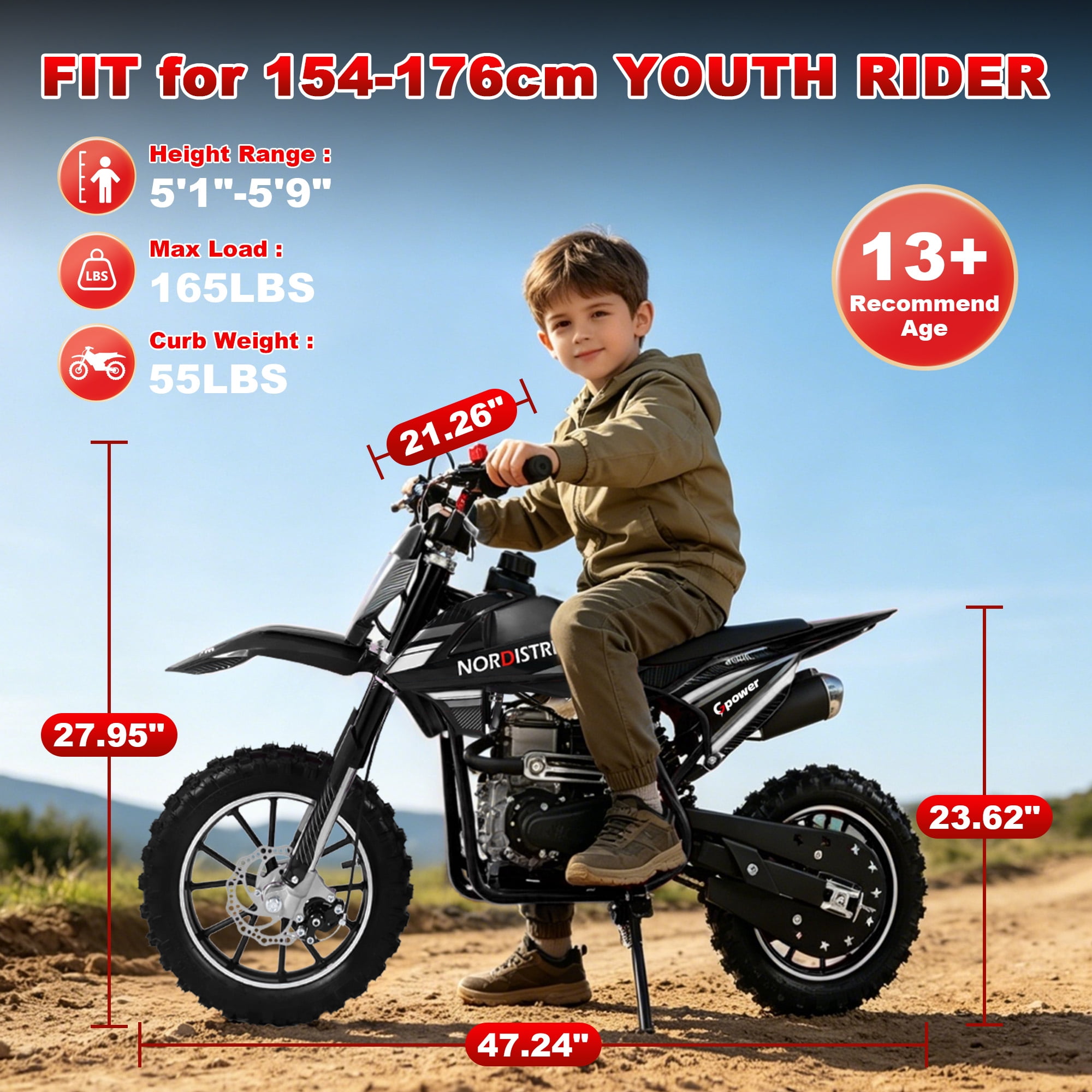 Gpower 50cc 4-Stroke Dirt Bike for Kids 8-14, Gas Power Mini Dirt Bike,1-Seater,Black