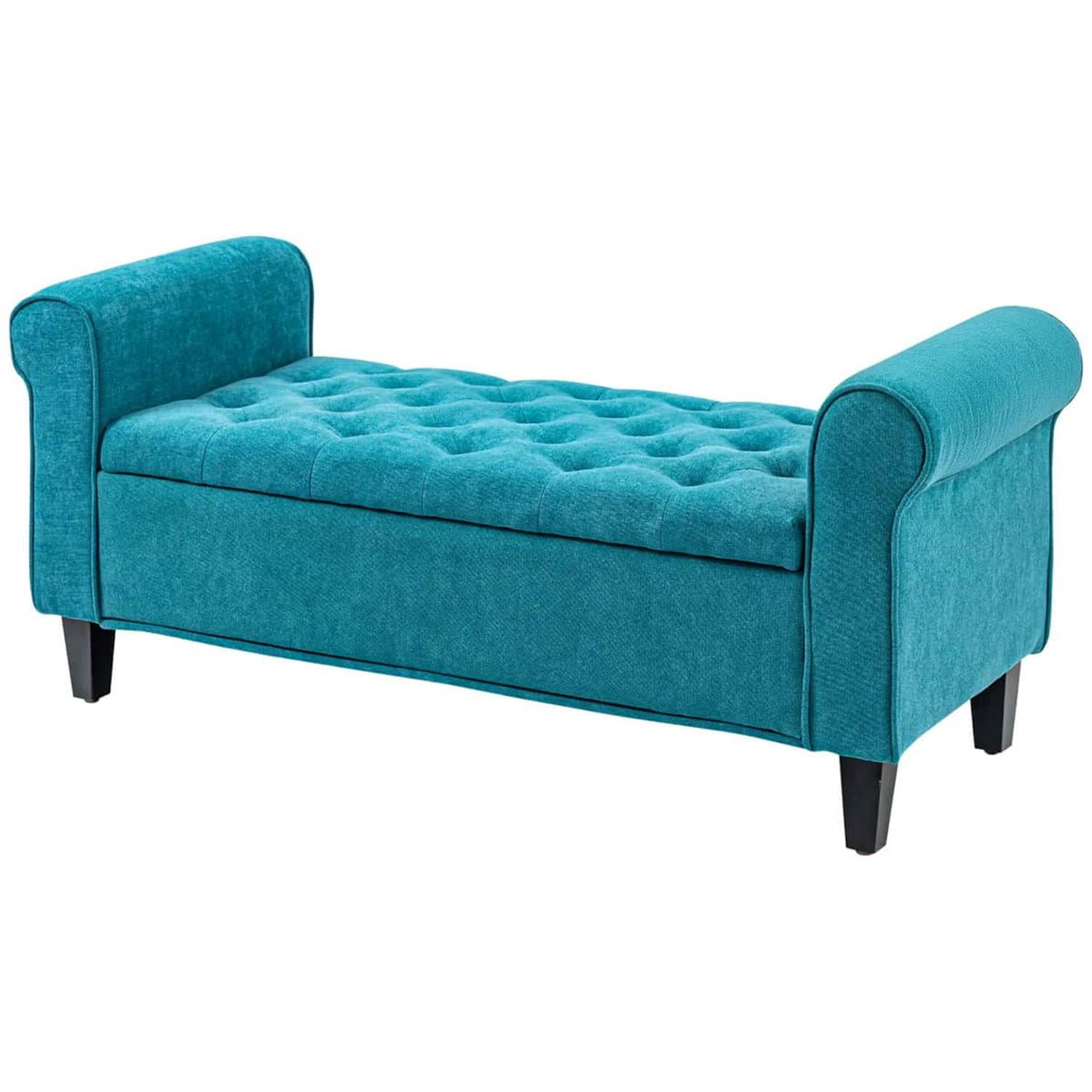 Demi Bonn 22" Storage Ottoman, Cozy Footrest End of Bed Bench with Rolled Arms, Wooden Legs, Tufted Bench, Bedside Bench, Blue