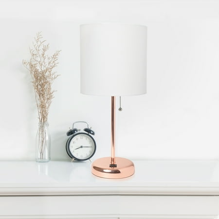 Limelights - Stick Lamp with USB charging port and Fabric Shade - White/Rose Gold