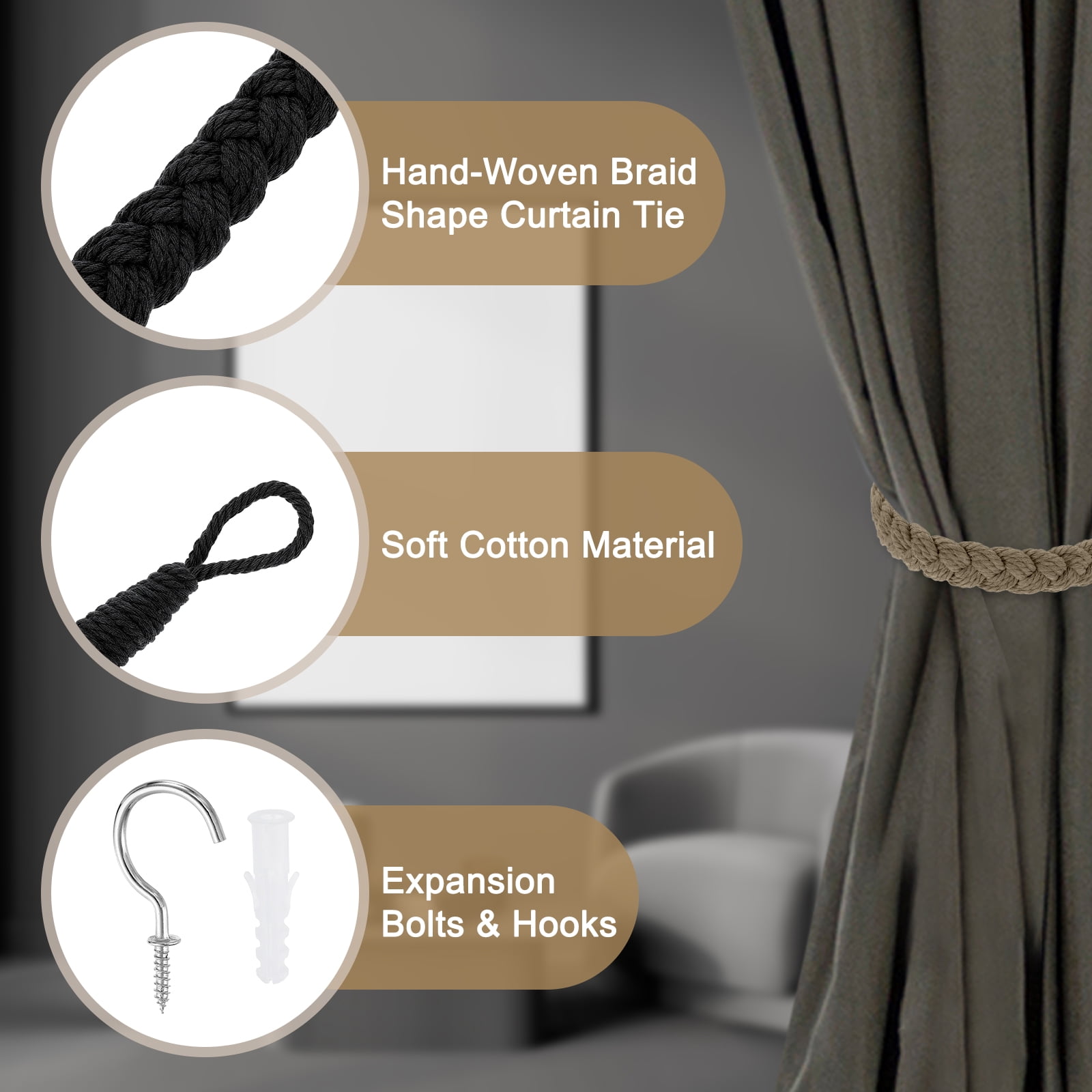 Unique Bargains Rope Curtain Tieback Cotton Hand-Woven Curtain Drapes Holdbacks 4Pcs Black