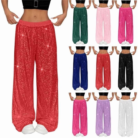 WULMLEO Women's Shiny Sequin Wide Leg Pants Elastic Waist Sparkly Baggy Pants Red S