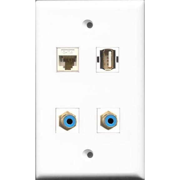 RiteAV - 2 Port RCA Blue and 1 Port USB A-A and 1 Port Cat6 Ethernet White Wall Plate
