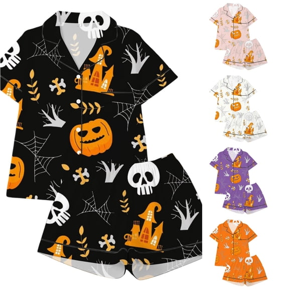 Gunia Toddler Girl Halloween Pajamas Pumpkin Graphic 2 Piece Button Up Short Sleeve Tops With Shorts Nightwear Pjs Sleepwear Black 2-3 Years