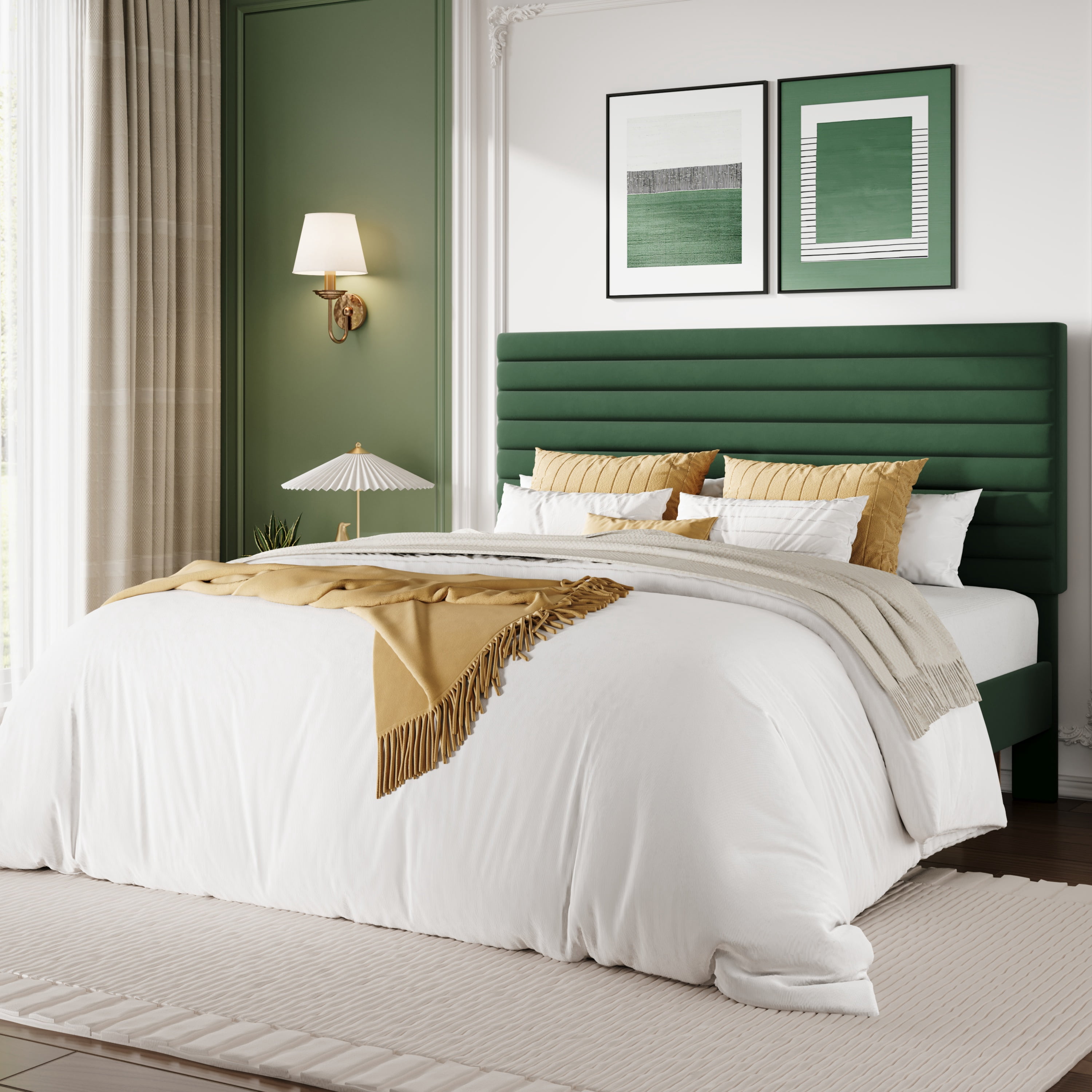 Sha Cerlin Queen Size Platform Bed Frame with Velvet Adjustable Headboard, No Box Spring Needed, Green