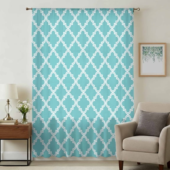 Quatrefoil Moroccan Pattern Sheer Curtains 108 Inches Extra Long, Geometric Aqua Morocco Light Filering Curtains, Privacy Drapes Simi Floor to Veiling Curtain for Living Room Large Window Treatment
