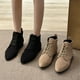 thumbnail image 2 of Botines mujer 2023 Otoño / Invierno Nuevas botas de mujer de tacón bajo de tubo corto de gamuza europea y americana Punta delantera con cordones Botas de moda de tacón grueso de color (Black 6.5), 2 of 7