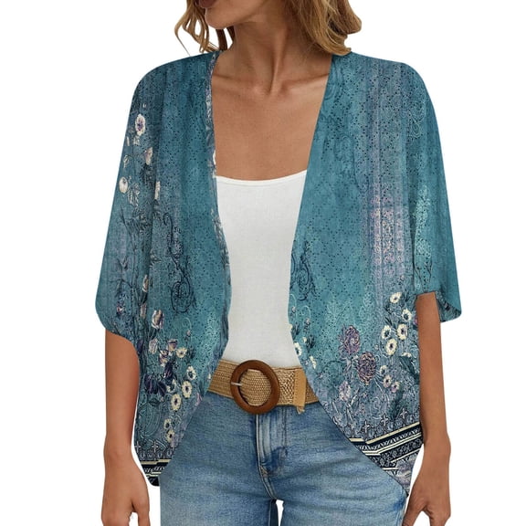 LEKODE Women Kimono Cardigan, Open Front 3/4 Sleeve Loose Fit, Floral Print Lightweight Sheer Fabric, Beach Swimsuit Cover Up for Summer Vacation Resort Casual Wear B Mint Green M