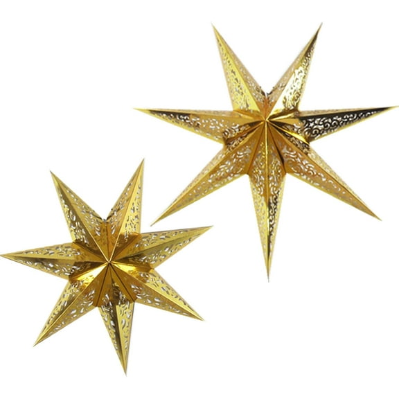 7 Point Star Paper Lantern,2PCS Collapsible Handmade Hanging Hollow Star Paper Lantern Lampshades with 10 Ft Power Cord for Christmas Study Room,Party Decor (Gold, 18inch 30inch)
