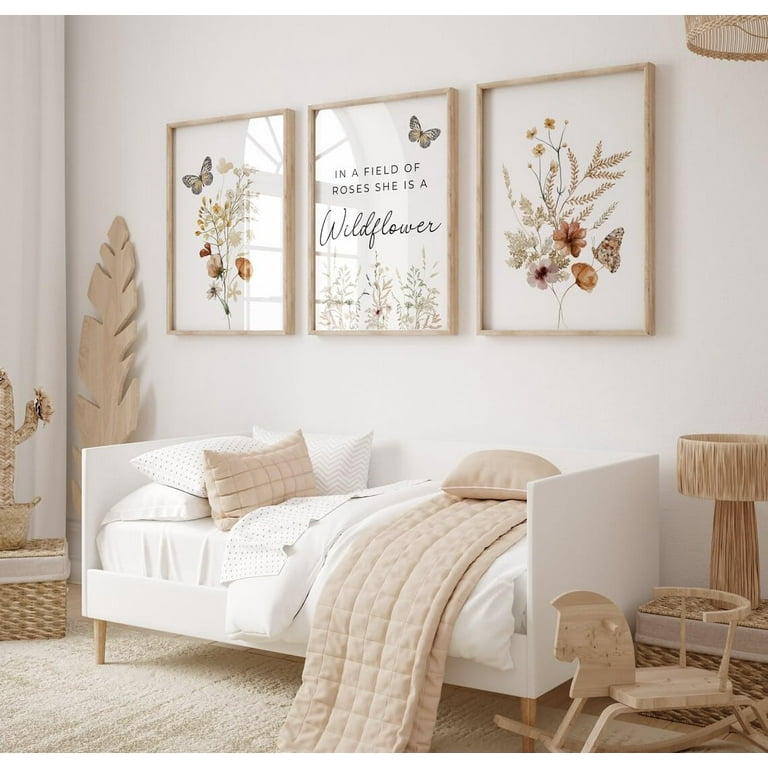 Wooden Wildflower Nursery Wall Decor – 11-Piece Colorable Butterfly & Boho Flower Set For Baby Room, Bedroom, Living Room