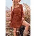 thumbnail image 3 of Solid Color Square Neck Tie Waist Long Sleeve Dress for Women Rustic Red Small, 3 of 5