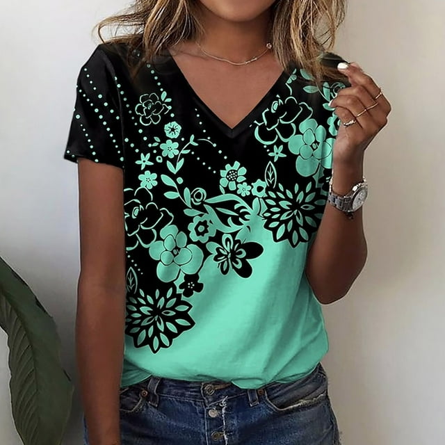 Hauts d'Été Grande Taille pour Femmes, T-shirt à Manches Courtes à Col en V Imprimé Floral, Blouses pour Femmes, T-shirt Col en V pour Femmes en Solde