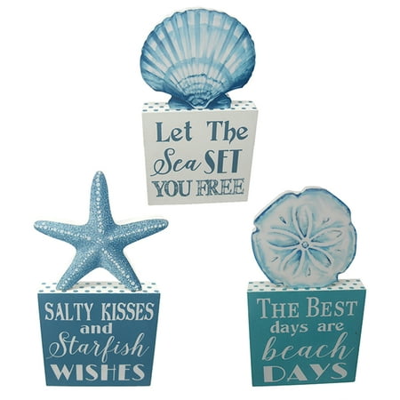 Blue Starfish Scallop and Sand Dollar Shells Block Signs Set of 3