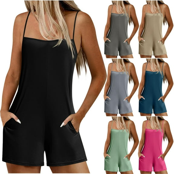 Axiiglly Jumpsuits for Women Spaghetti Straps Short Rompers Sleeveless Stretchy Short Jumpsuits Comfy Loose Overalls with Pockets Summer Casual Beach Outfits