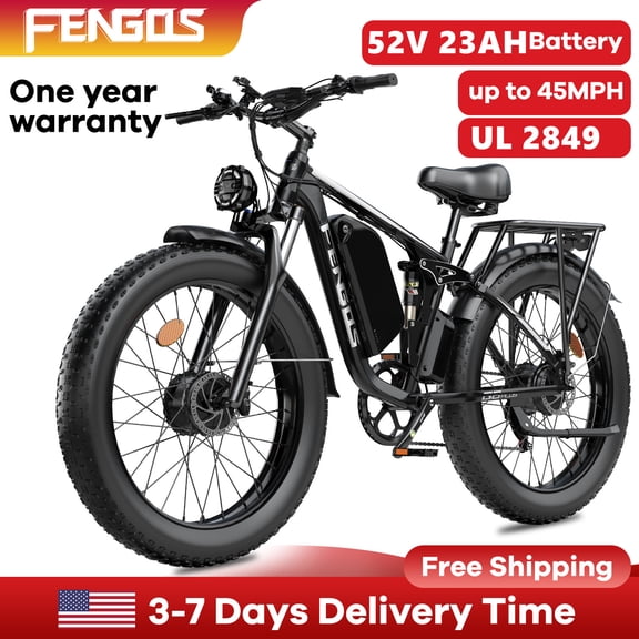 FENGQS Q8PLUS Electric Bike 5000W Dual Motor for Adults,26"x4" Fat Tire E Bicycle,52V/23AH Battery, 45MPH Electric Bicycle,80-100 Miles E Mountain Bike -(Black) UL2849