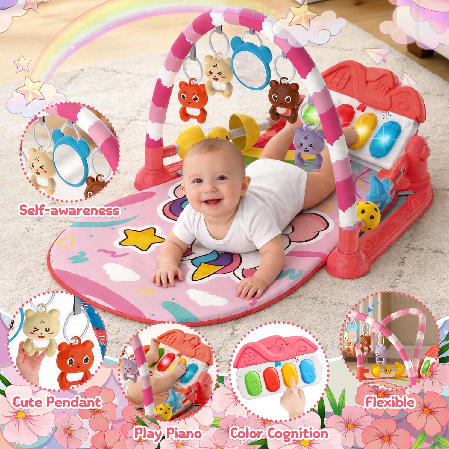 Caunedy Baby Play Mat Gym,Funny Play Piano Tummy Time Activity Mat with 5 Infant Sensory Toys,Music,Boy & Girl Gifts for Newborns 0-12 Months