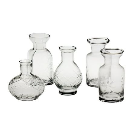 Set of 5 Petite Glass Bud Vases in Clear or Jewel Tones- Fun Shapes, 2 3/4"-3 3/4"H - Clear