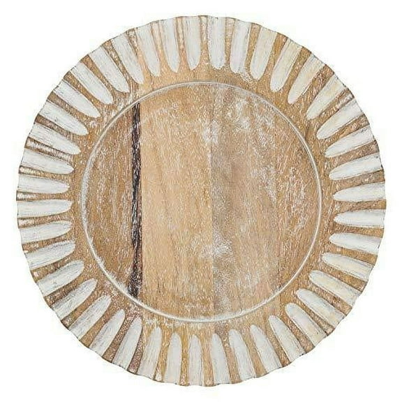 Fennco Styles Rustic Wood Grain Decorative Charger Plates with Ribbed Design 13" Round, Set of 4  Natural Mango Wood Charger Plates for Banquets, Family Dinners, Special Events and