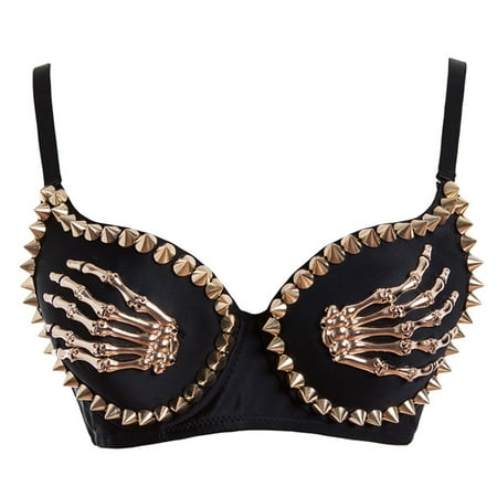 

ZUARFY Women Goth Spiked Studs Bra Metallic Skeleton Claw Bralette Bustier Clubwear Top