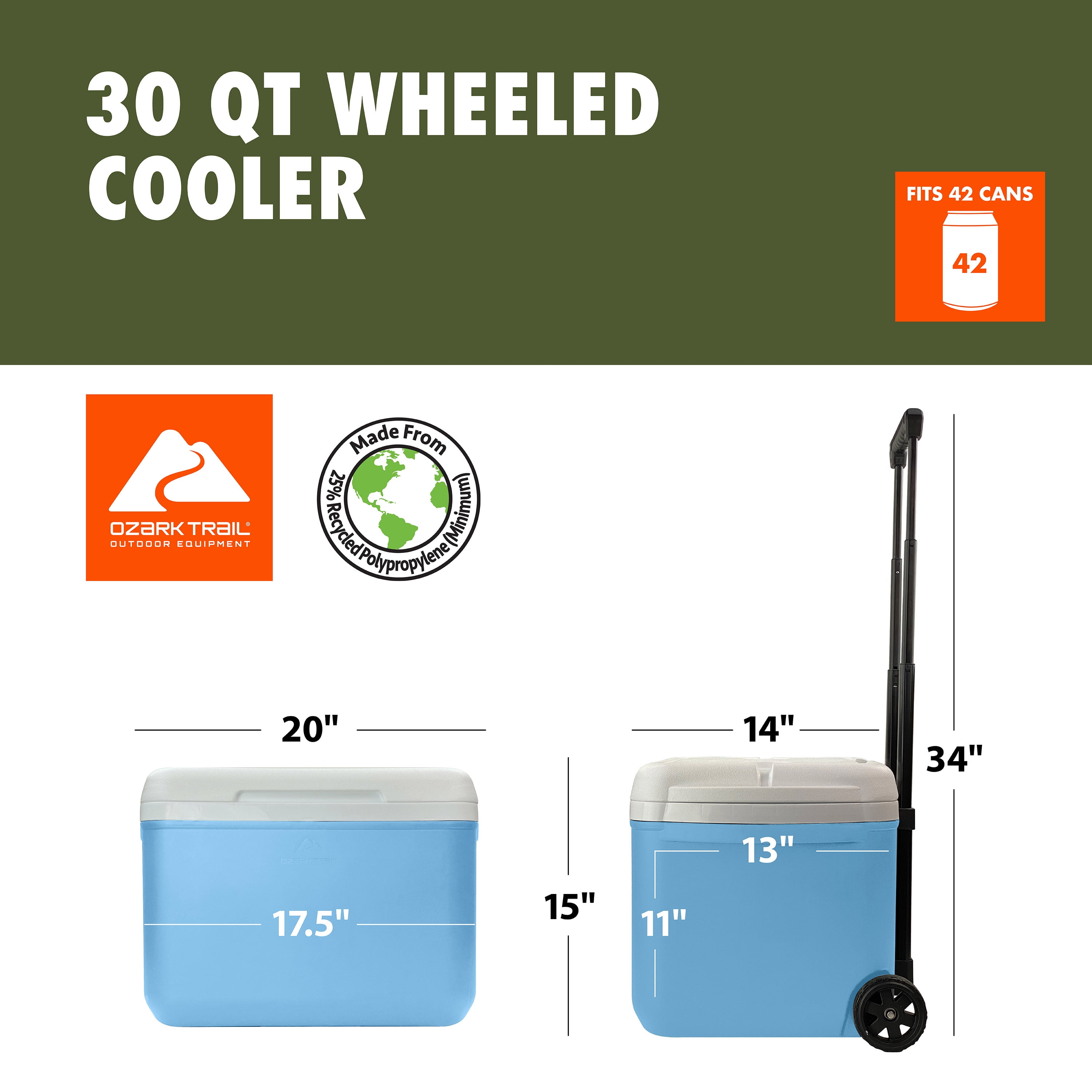 Ozark Trail 30 Quart Capacity Hard Side Wheeled Cooler, 42-Can, Sky Blue