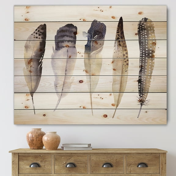 Designart 'Dark Gray Feathers Boho Ethnic II' Bohemian & Eclectic Print on Natural Pine Wood