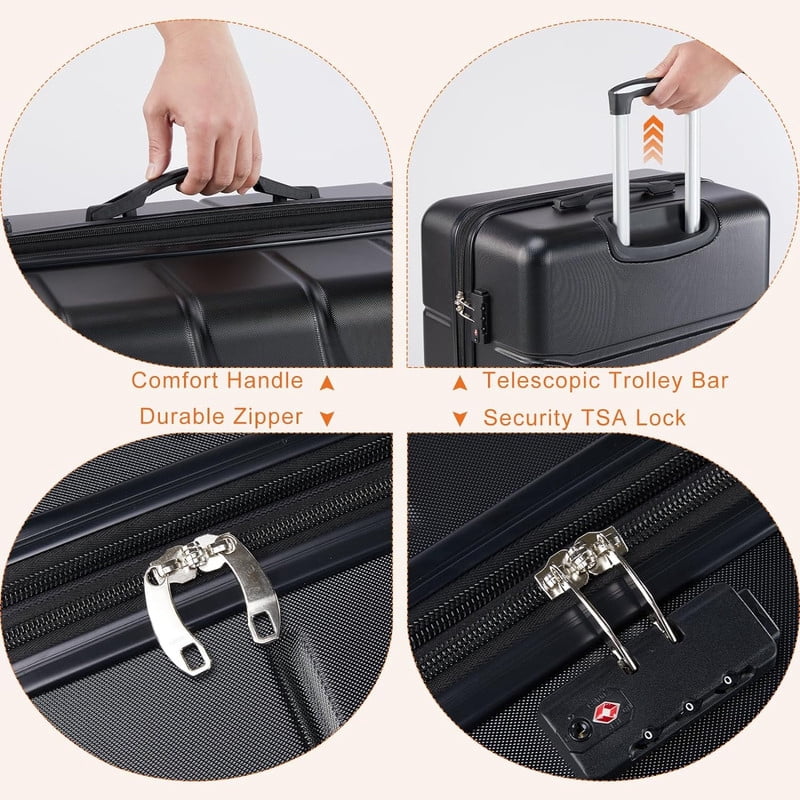 Sybels 20 Inch Carry On Luggage, Hard Shell Expandable Suitcase with TSA Lock and Double Spinner Wheels, Black