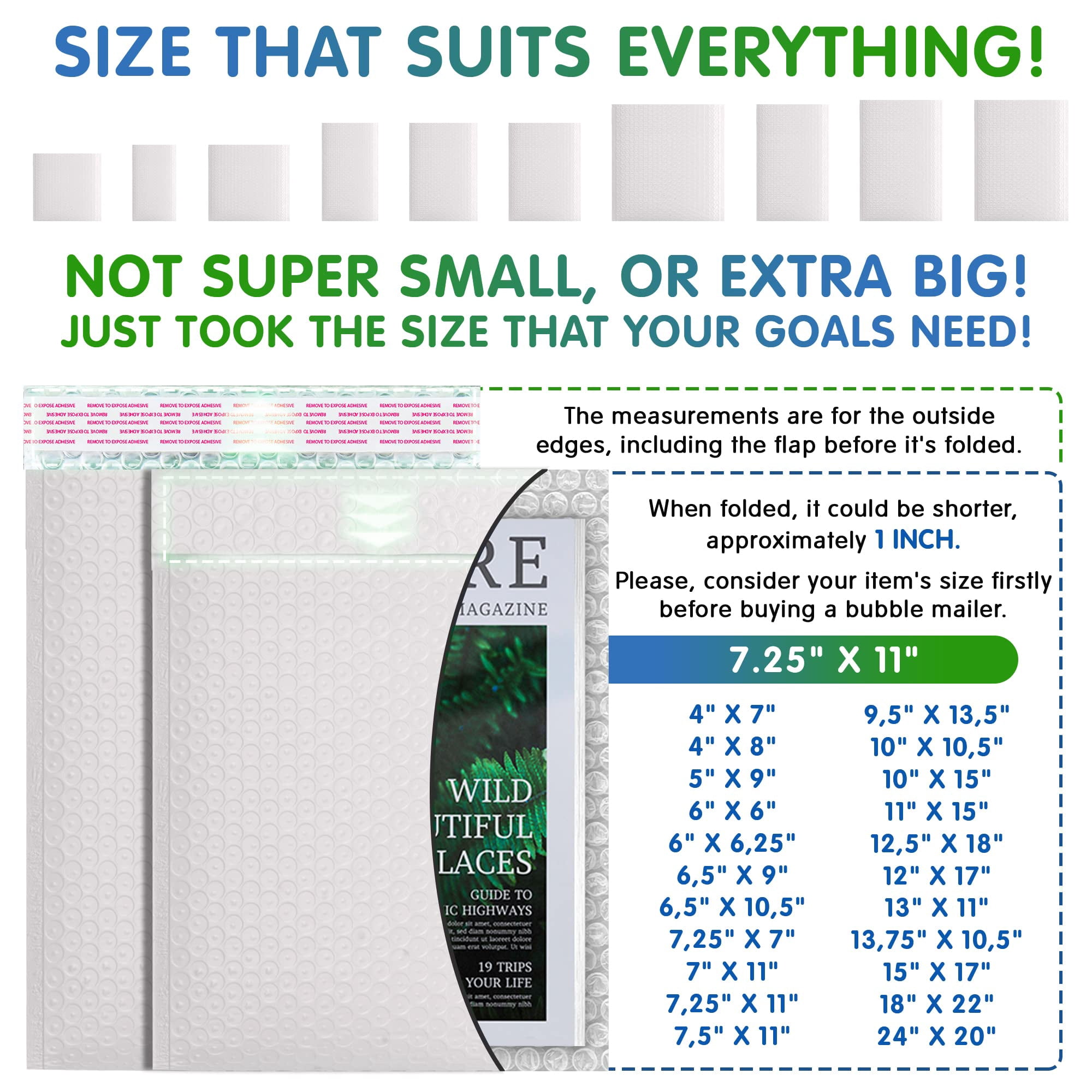 White Poly bubble mailers 7.25 x 11 Padded envelopes 7 1/4 x 11. Pack of 20 Poly cushion envelopes. Exterior size 8 x 11.25 8 x 11 1/4. Peel and Seal. Mailing, shipping, packaging