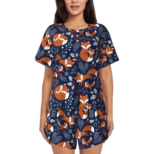 Balery Cute Foxes Conjunto de Pijama para Mujer con Estampado, Dos Piezas de Manga Corta y Shorts, Ropa de Dormir Suave con Cuello Redondo y Bolsillos-Medium