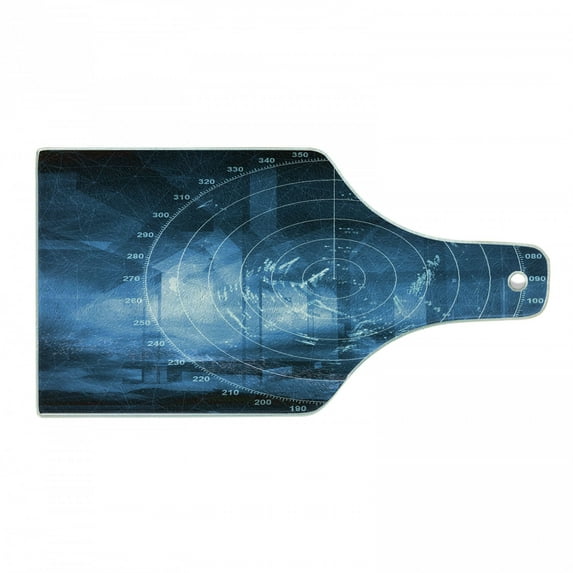 Navy Blue Cutting Board, Modern Ship with Radar Exposure in Screen Digital Electronic Hi Tech Futuristic Concept, Tempered Glass Cutting and Serving Board, Wine Bottle Shape, Blue, by Ambesonne