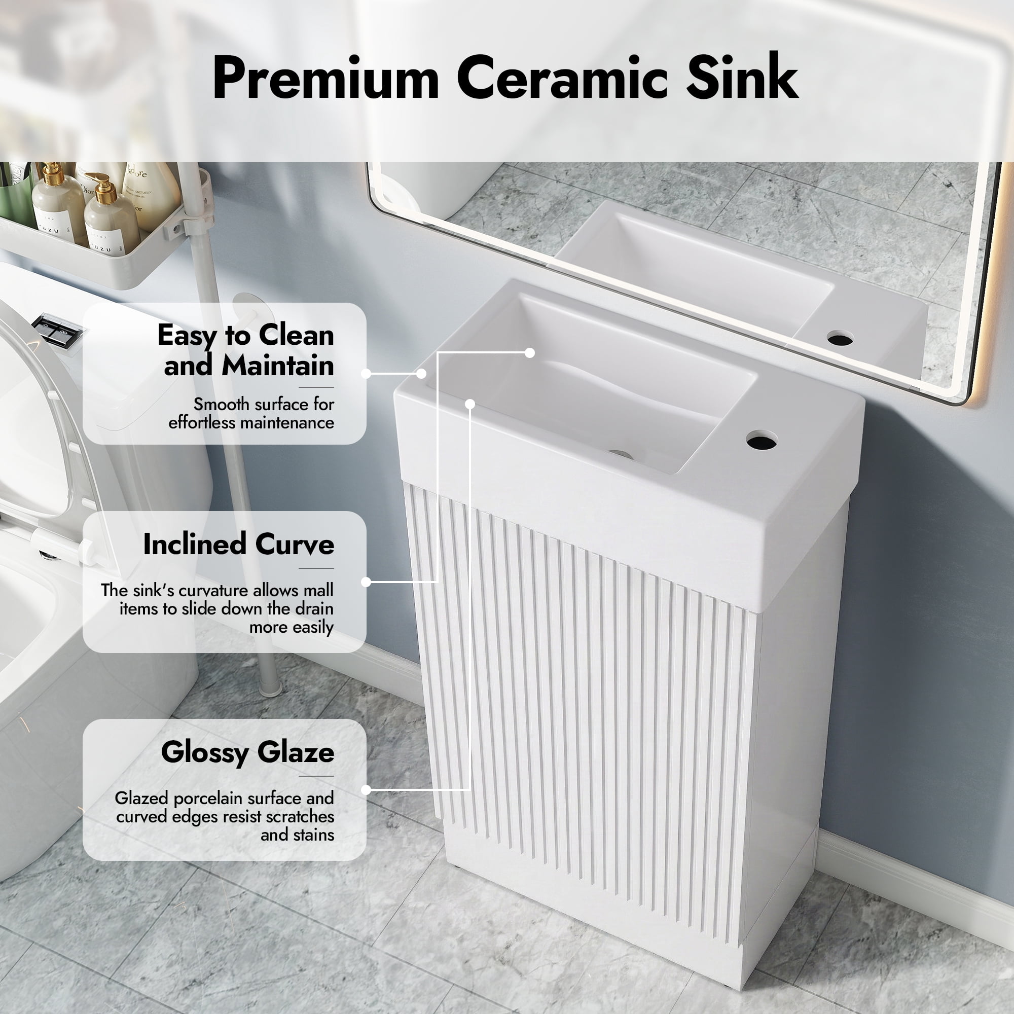 Aukfa 18.6" Bathroom Vanity with Sink Combo, Modern Storage Cabinet with Two-tier Shelves, White