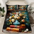 thumbnail image 2 of Manfei Tropical Blossom Queen Sheet Sets, Vintage Bookstore Flat Sheet, Oil Painting Style Queen Fitted Sheet, Luxury Bedroom Decor 4 Pieces, 2 of 7