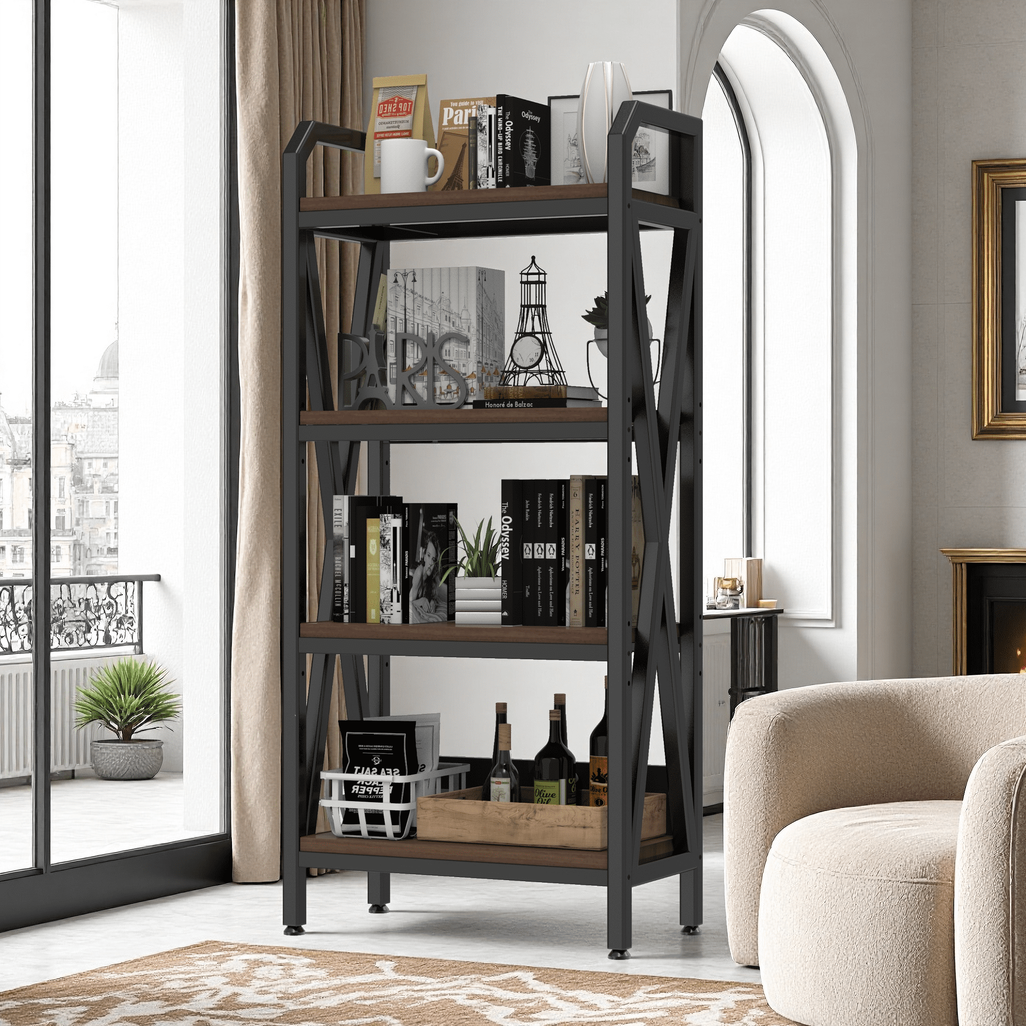Bakers Rack, Kitchen Shelf, 4-Tier Metal and Wood Storage Shelves for Pantry, Garage, or Bathroom, 25.60" Length, Black and Brown