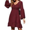 thumbnail image 3 of QAFOPEH Women V Neck Long Sleeve Pleated Buttons Ruffled Hem Dress, 3 of 5