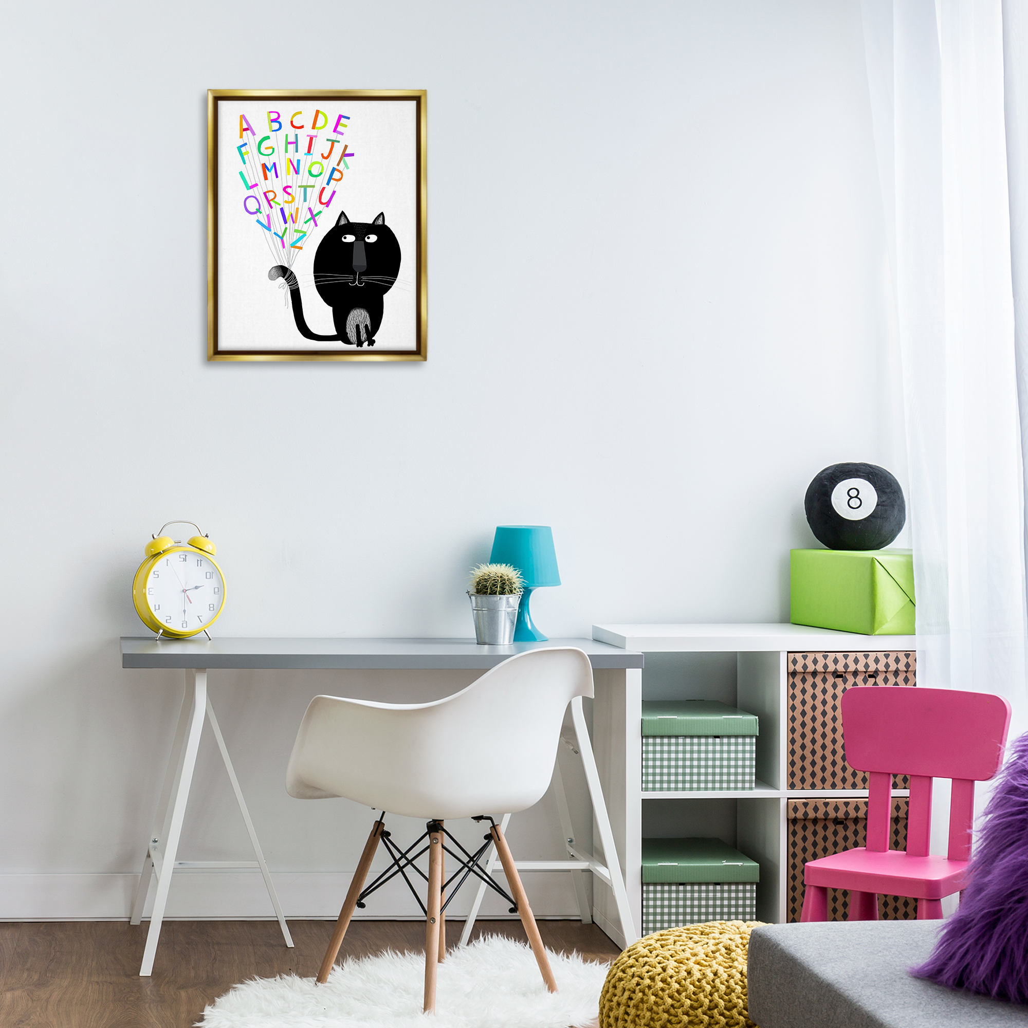Stupell Industries Cat with Alphabet Animals & Insects Painting Gold Floater Framed Art Print Wall Art, 17 x 21