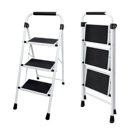 CONCETTA 36 Inch Iron Stepstool, 3 Folding Stepstool with Non-Slip Pedals and Comfortable Handrails, Sturdy Steel Ladder Portable Heavy Duty Stepstool for Kitchen, Garage and Outdoor Use, Black