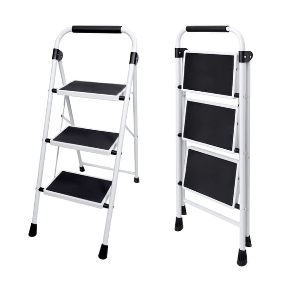 CONCETTA 36 Inch Iron Stepstool, 3 Folding Stepstool with Non-Slip Pedals and Comfortable Handrails, Sturdy Steel Ladder Portable Heavy Duty Stepstool for Kitchen, Garage and Outdoor Use, Black