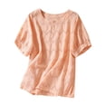 thumbnail image 2 of Wycnly Womens Tops Dressy Casual Lightweight Cotton Linen Vintage Embroidery Hollow out Loose Fit Tshirts Summer Short Sleeve Round Neck Tops Solid Blouse Orange l, 2 of 3